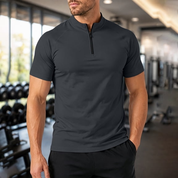 Mock Neck Quarter Zip Raglan Athletic Top Men Quick Dry Sweat Resistant Short Sleeve Tee for Cycling Gym Casual Looks Black L