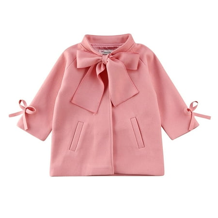

Toddler Baby Girls Autumn Winter Coat Solid Color Bowknot Warm Wool Trench Coat Overcoat Outwear Jacket Fashion Clothes