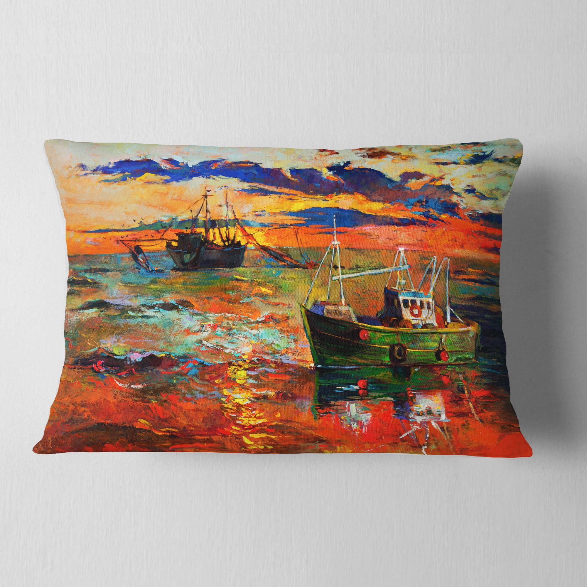 Designart Colorful Fishing Ships - Seascape Throw Pillow - 12x20