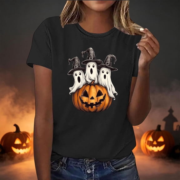 JOANKDMI Witches Hat Ghost Graphic T-Shirts for Women Cute Halloween Pumpkin Short Sleeve Crewneck Fall Tops Casual Loose Fit Holiday Party Tees Novelty Shirts