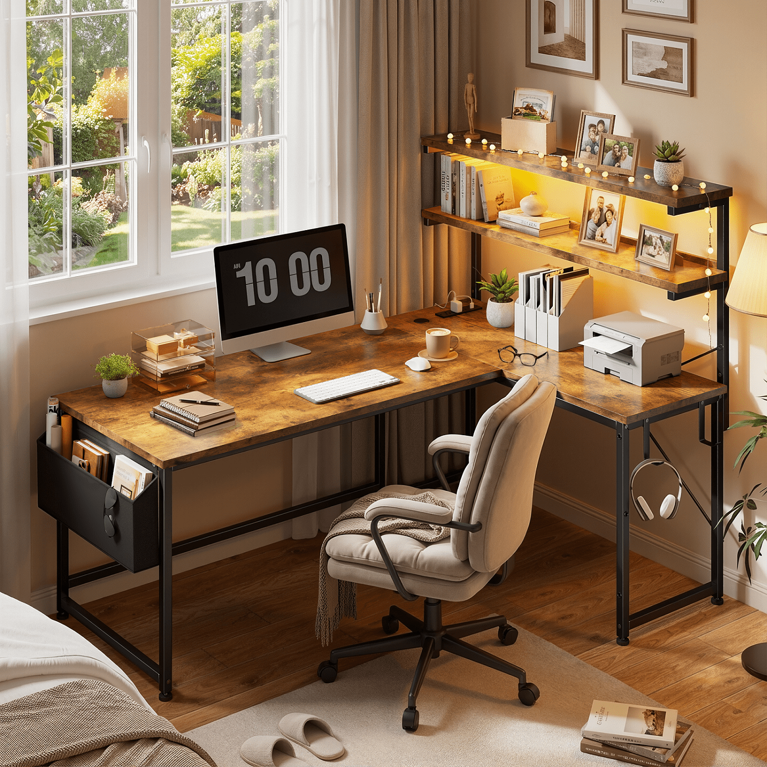Romorgniz L Shaped Computer Desk with LED Lights & Power Outlet, Reversible 43.3"W Gaming Desk with Storage Shelf, Side Bag, Hooks for Home Office, Rustic Brown