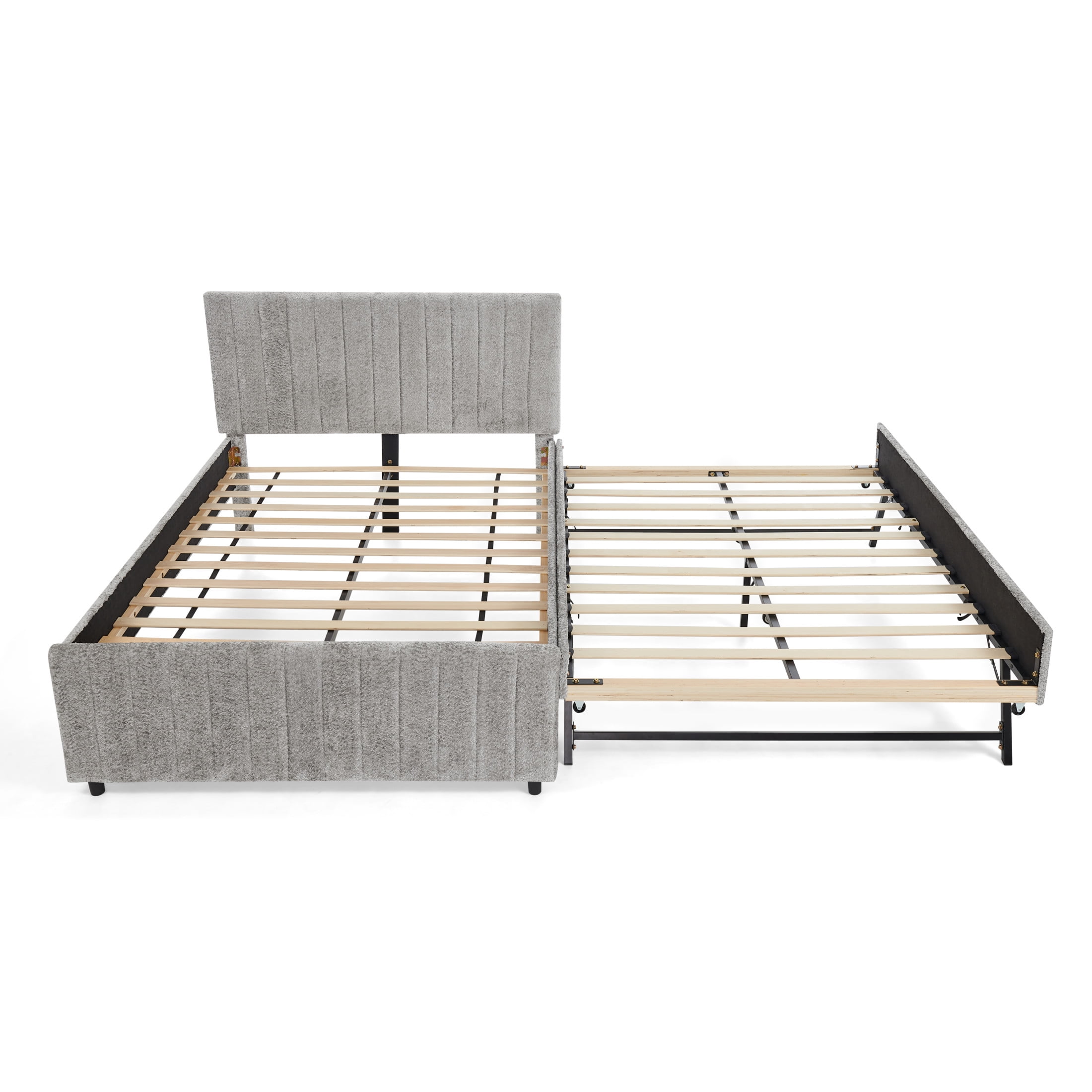 Noble House Fioren Full Size Chenille Upholstered Bed Frame, Space Saving Daybed with Hidden Trundle, Gray