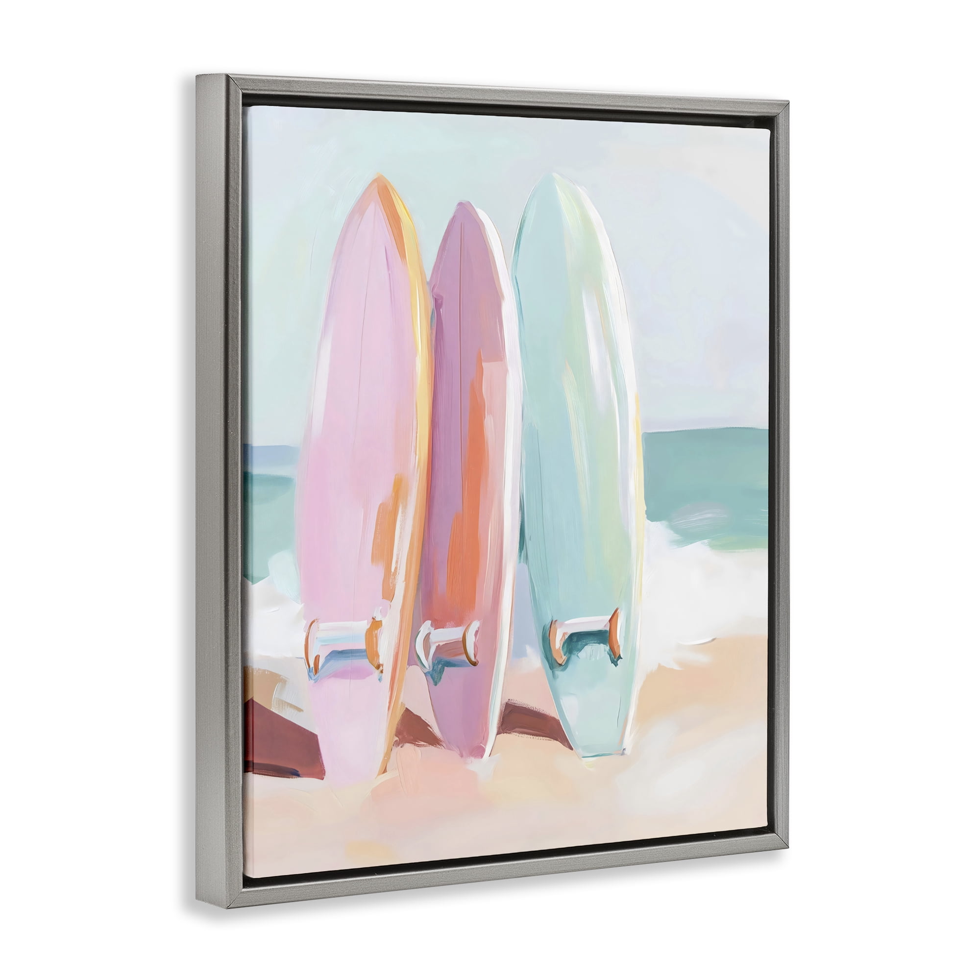 Stupell Industries Pastel Surfboards on Sandy Beach Gray Framed Floater Canvas Wall Art, design by The Prints Vibe