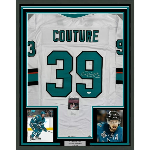 Framed Autographed/Signed Logan Couture 35x39 San Jose White Hockey Jersey JSA COA