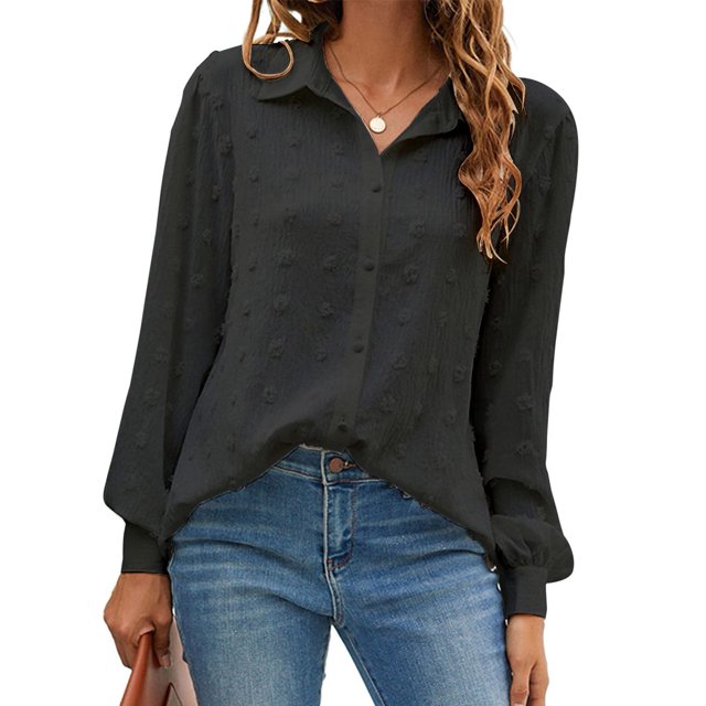 Blusa negra de manga larga abullonada con lunares de jacquard, cuello vuelto y color puro, estilo informal de negocios - Talla S