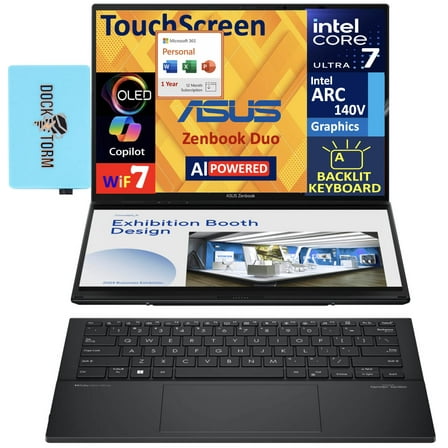 ASUS Zenbook Duo AI Powered 2-in-1 Laptop 14.0in Touchscreen OLED 2.8K Display (Intel Ultra 7-255H, 32GB LPDDR5X, 2TB PCIe SSD, Backlit KB, Win 11 Pro) w/Microsoft 365 Personal , DKZ USB Port Expander