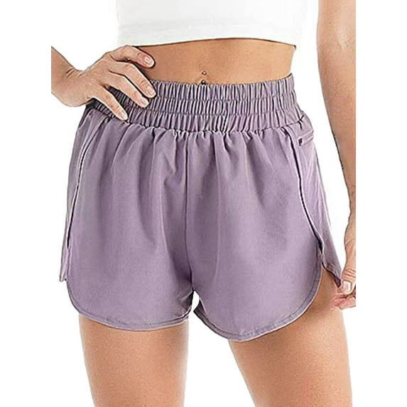 WLJ Women Solid Color Elastic Waist Pocket Irregular Hem Athletic Shorts