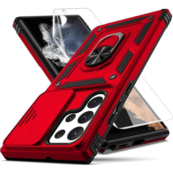 for Samsung Galaxy S22 Ultra Case,with Camera Lens Cover HD Screen Protector,[Military Grade] Ring Car Mount Kickstand Hybrid Hard PC Soft TPU Shockproof Protective Case for Galaxy S22 Ultra, Red