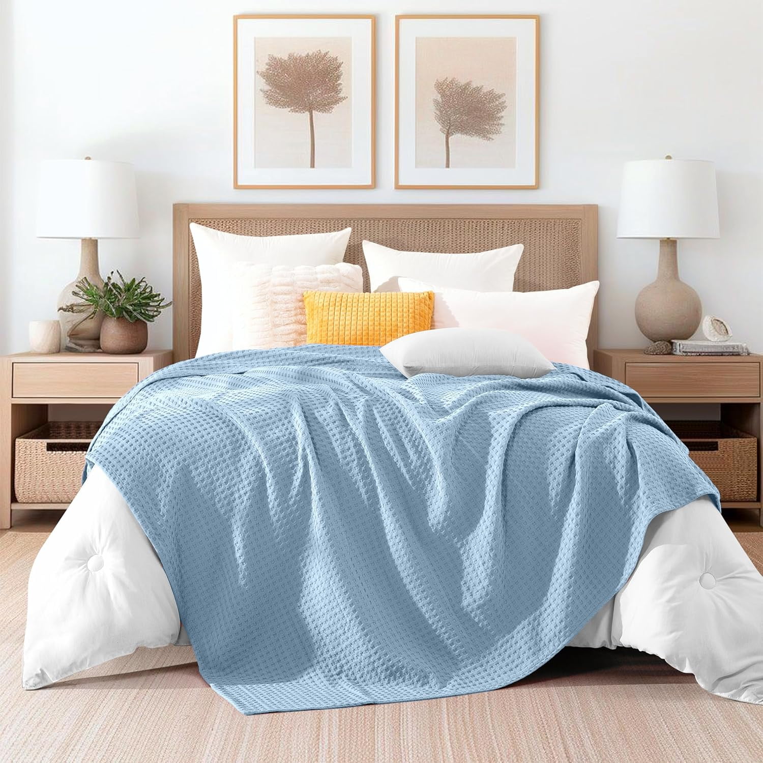 Elegant Comfort Cotton Waffle Blanket, Lightweight All-Season Bed Blanket,TwinXL Size 68x90 Inches, Light Blue