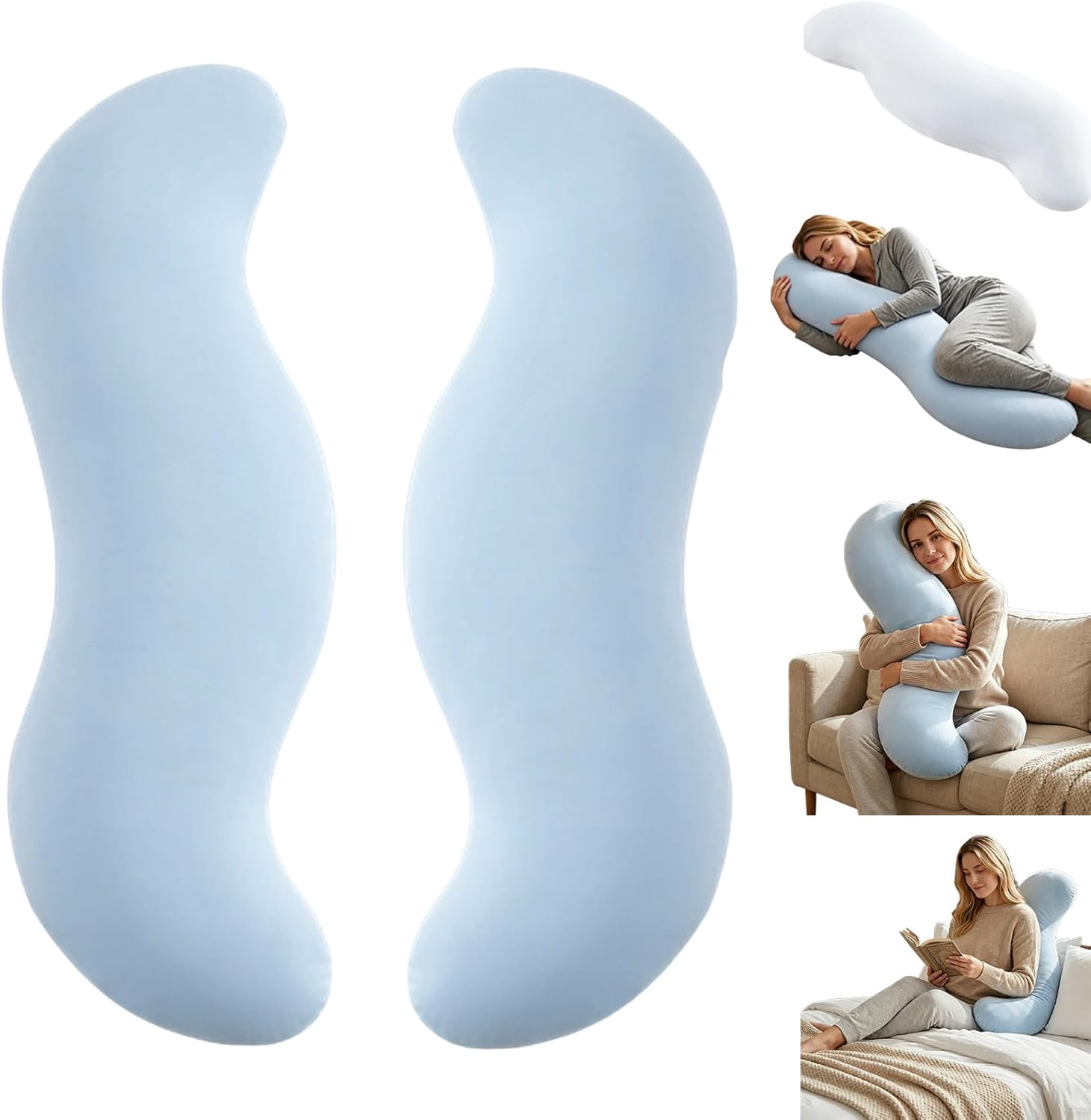 Pea Pod Body Pillow for Side Sleeper,Soft Cooling Long Bolster Hug Pillow,Ergonomic Pea Pod Full Body Pillows for Adults,Curved Sleep Pillows for Back Hip & Leg Support (1, Blue)