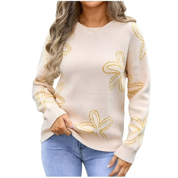 HomeGardon Women's Sweaters Sweaters for Women Fashion Loose Print Round- Neck Sweater
