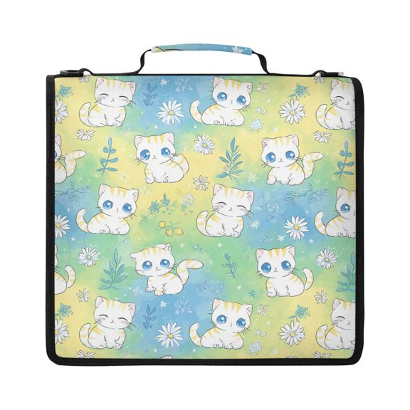 Zipper Binder with Shoulder Strap 2 inch 3 Ring Waterproof File Folder Organizer Bag 500 Sheet Cute White Cats Pattern