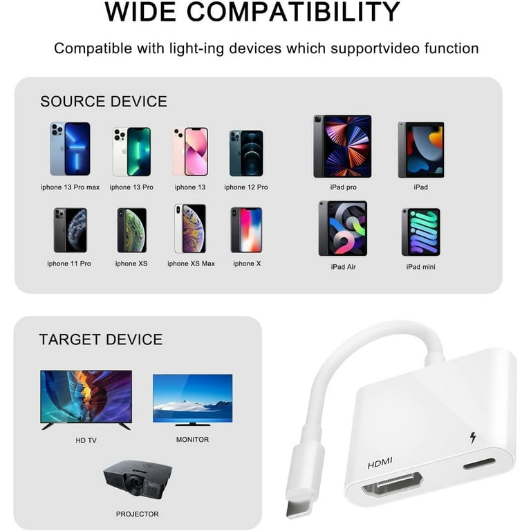 Lightning to HDMI Adapter for Phone to TV,Compatible with iPhone,iPad, Sync  Screen Connector Directly Connect on HDTV/Monitor/Projector NO Need Power