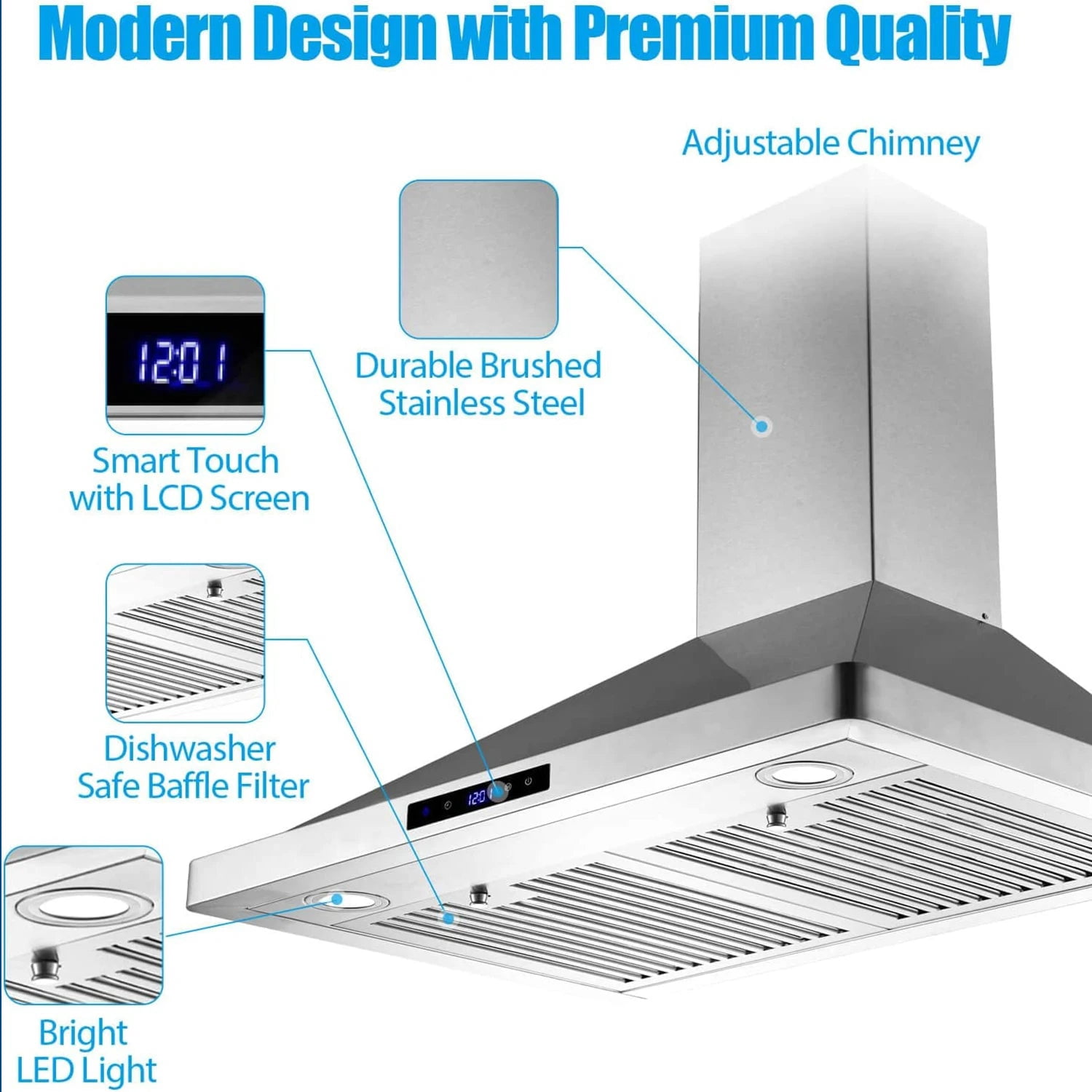 Wall Mount Range Hood 30 Inch Kitchen Hood 700 CFM ,Touch Control,Permanent Filters, Stainless Steel, 3 Speed Exhaust Fan, LED