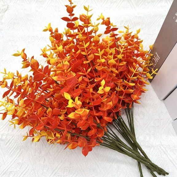 Artificial Faux Fall Eucalyptus Plants Flowers Outdoor Outside Decoration, 5 Bundles Fake Silk Orange Boxwood Realistic UV Resistant for Planter Front Door Porch Patio Yard Decor