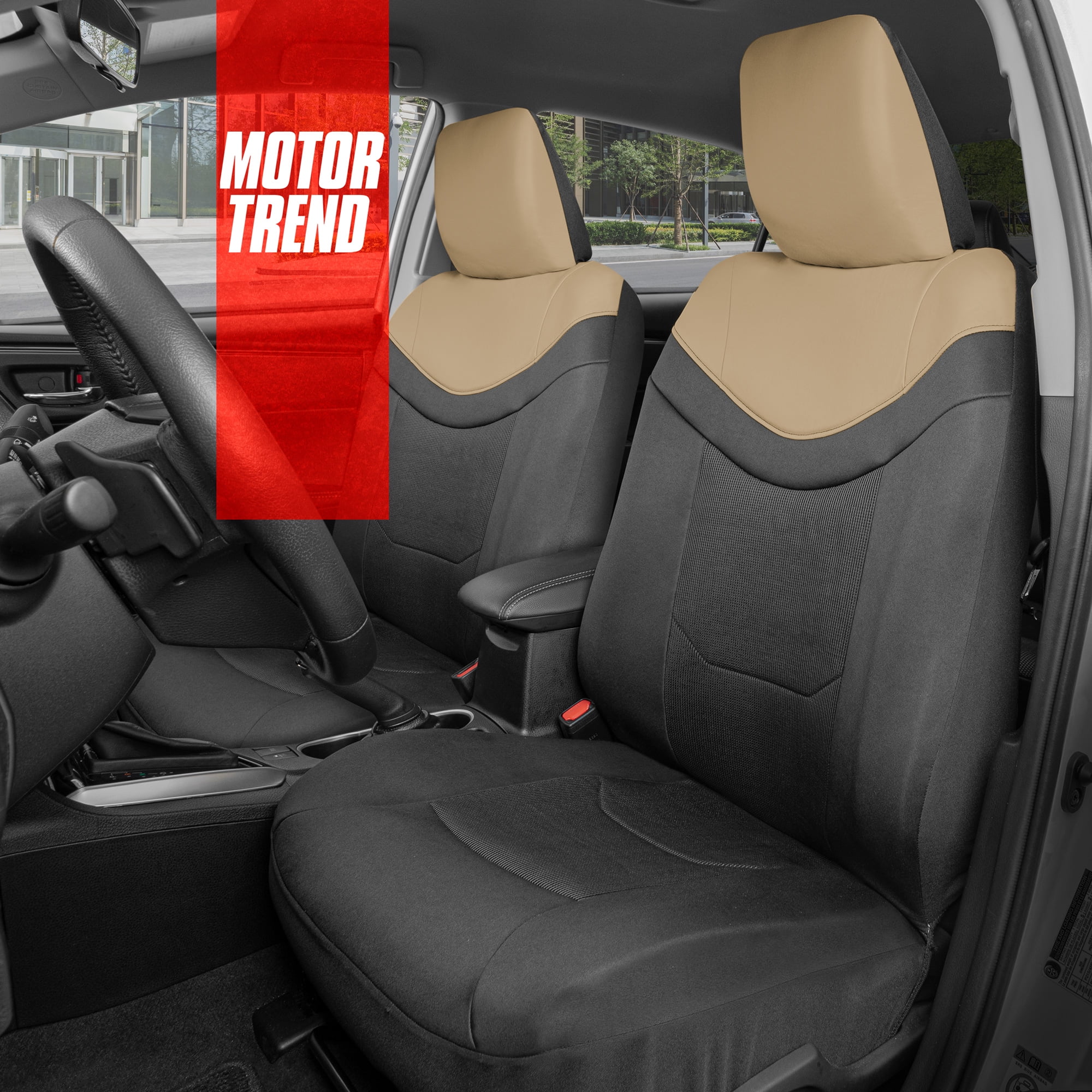 Motor Trend LuxeFit Solid Beige Faux Leather Front Seat Covers for Cars Trucks Suv, 2 Piece Set Padded Car Seat Protectors