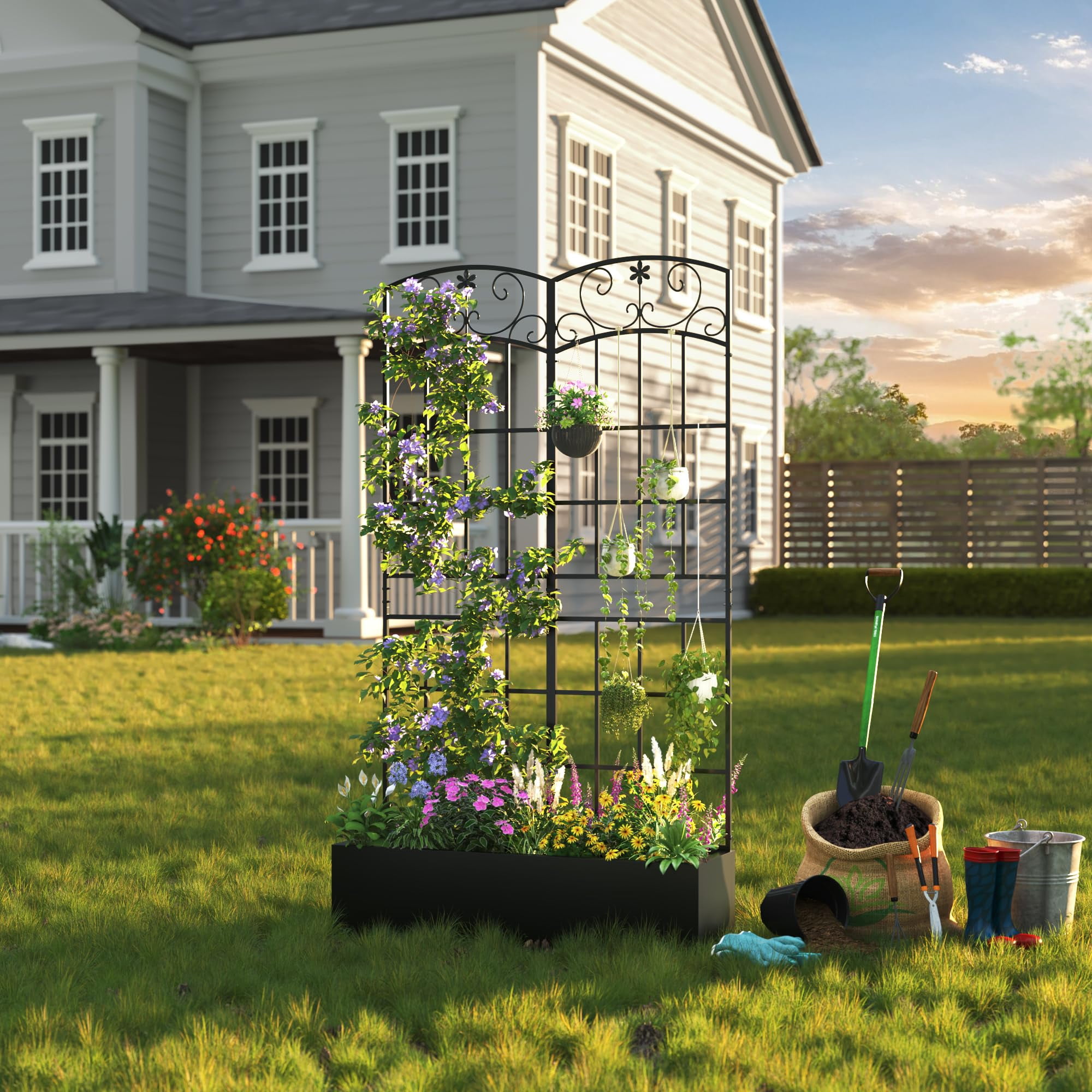 ANPOO Metal Raised Garden Bed with Trellis, 70.9"x40.4"x11.8" Outdoor Planter Box with Drainage Holes, Black Privacy Screen for Climbing Plants, Patio & Balcony
