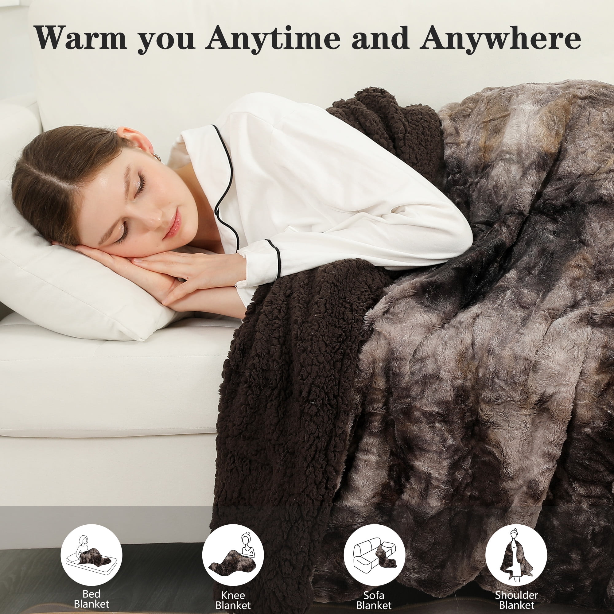TRUSTWARMTH Electric Heated  Blanket Twin Size- Faux Fur Sherpa 62"x84" Fast Heating Bed Blankets Throw with 6 Heating Levels & 10 Hours Auto off, Over-Heat Protection ETL, Brown