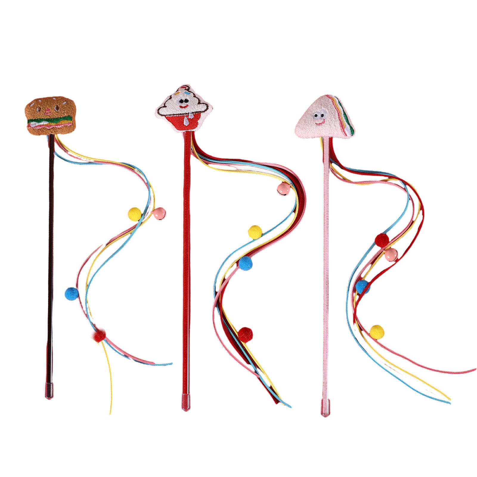 Pet Cats Teaser Rod for Stimulating Felines Curiosity Wand with Tassels Burger for Active Pet and Fun Exercise