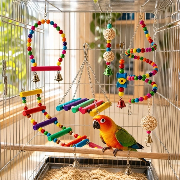 Natural Wood Bird Toy Set for Small Medium Birds, Parrot Cage Accessories with Swings Ladders Bells, Colorful Chew Blocks for Cage Enrichment