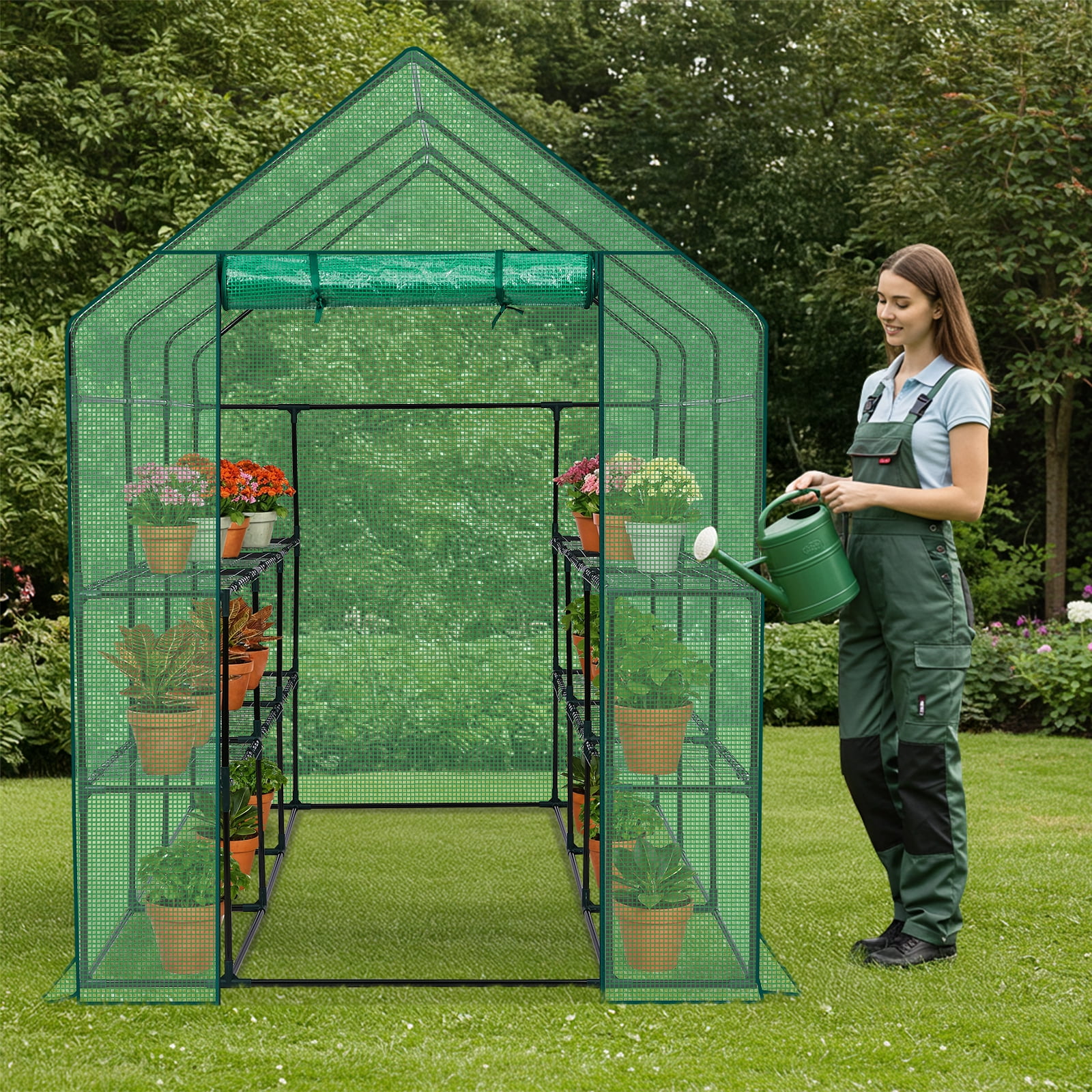 Zimtown 56" Walk-In Plant Greenhouse, 8-Tier Shelves, PE Cover, Indoor/Outdoor, Green