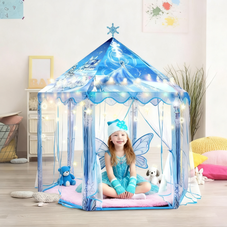 Princess Play Tent, Frozen Toy for Girls, Ice Castle Kids Tent Indoor and Outdoor, Large Imaginative Playhouse with  Light String and Cosplay Suit for 1-15 Years Old Girls Gift