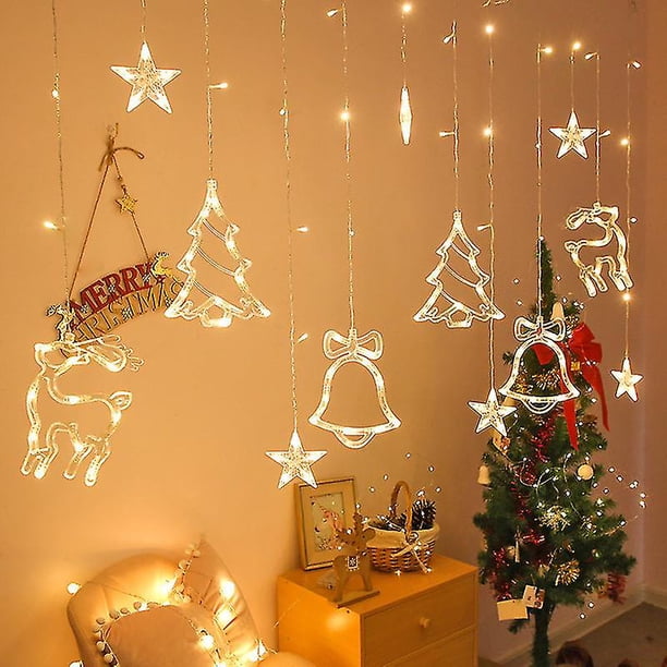 Cadena de luces navideñas con cervatillo, estrella, árbol de Navidad y campana navideña LED