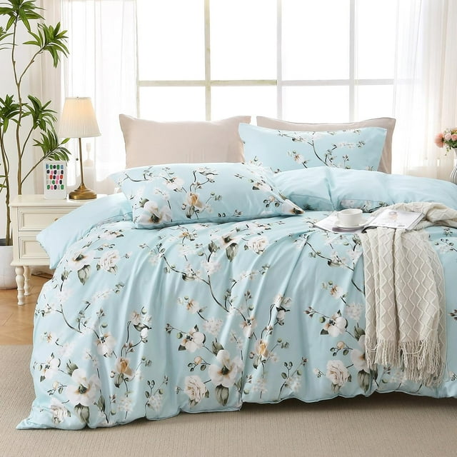 Duvet Cover Queen Size Reversible Floral Duvet Cover Set with Zipper Closure Pieces Botanical Patterns Soft Microfiber Bedding Set (&#;x Pillow Cases &#;×&#