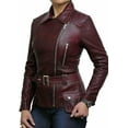 thumbnail image 2 of Women's Genuine Burgandy Red Lambskin Leather Jacket Motorcycle Belt Slim fit Biker Jacket W355, 2 of 4