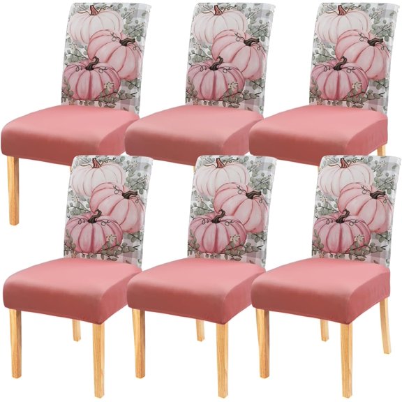 Fall Chair Covers Set of 6,Autumn Pumpkin Dining Slipcovers,Thanksgiving Parsons Chair slipcover Elastic Removable Washable Fall Decor for Home Pink
