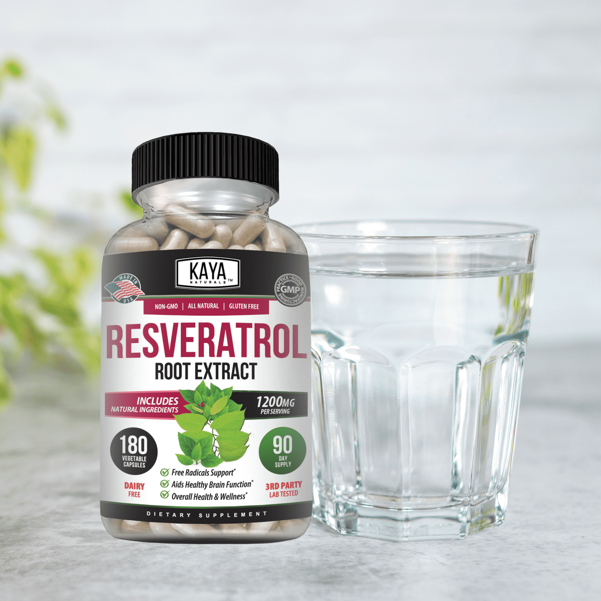Kaya Naturals - Resveratrol Capsules - Anti Aging Supplement - Antioxidants with Brain Support - Maximum Benefits - 180 Veggies Capsules