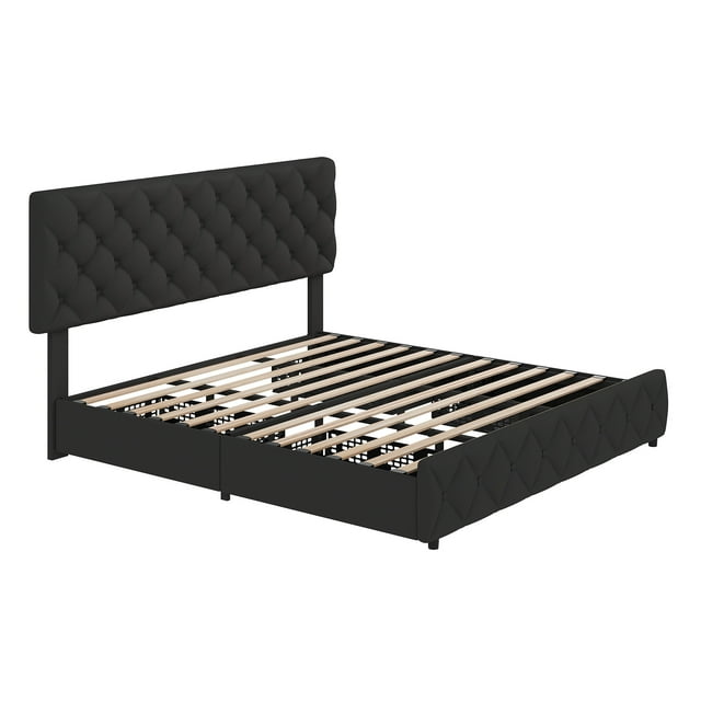King Size Bed Frame with Diamond Button Tufted and 4 Storage Drawers, Adjustable Headboard, Linen Upholstered Platform Bed Frame, No Box Spring Needed, Noise Free, Easy Assembly