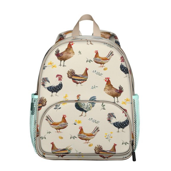 Lucky Rooster Print Student Backpack – Farmhouse Style with Eggs, Hen, Chick, Coop, Rainbow, and Wildflowers in Watercolor Aesthetic