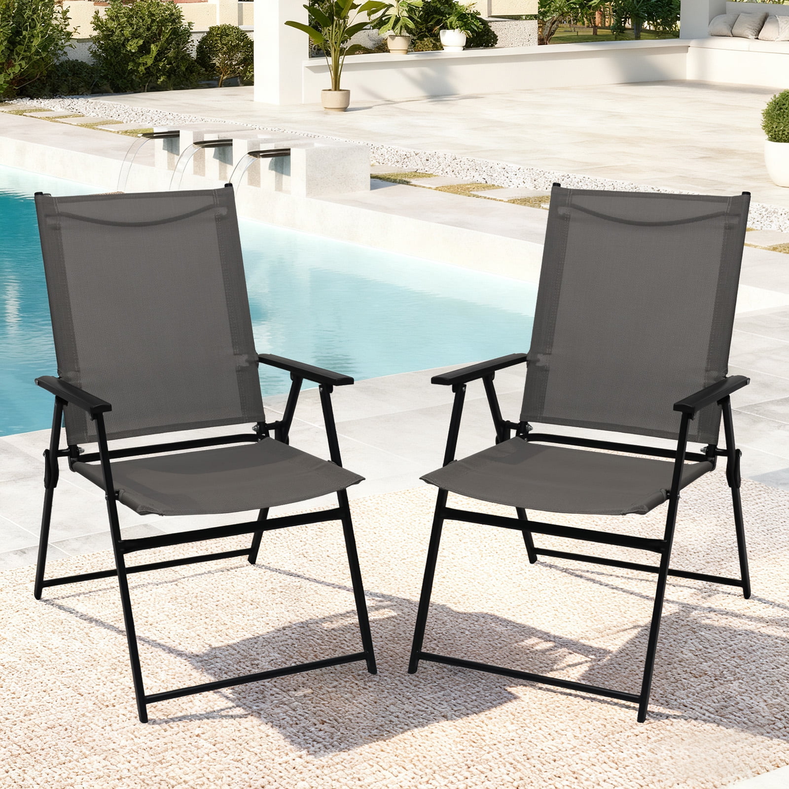 Set of 2 Outdoor Folding Chairs, Portable Patio Dining Chairs with Armrests & High Back, Sturdy Steel Frame for Garden, Lawn, Poolside, Camping (Gray)