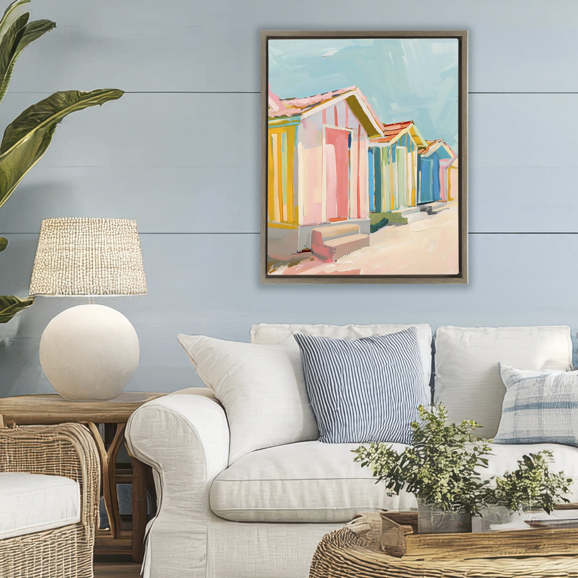 Stupell Industries Striped Beach Bungalows Brown Framed Floater Canvas Wall Art, design by The Prints Vibe