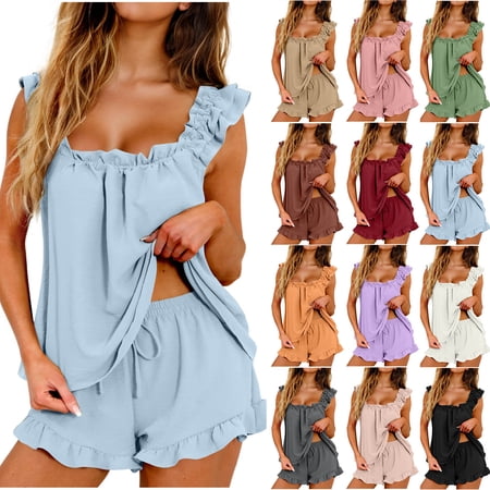 Horkkom Pajamas for Women Set Summer Tank Top Elastic Waist Drawstring Shorts Two Piece Sets Ruffle Lounge Sets Gifts for Women M