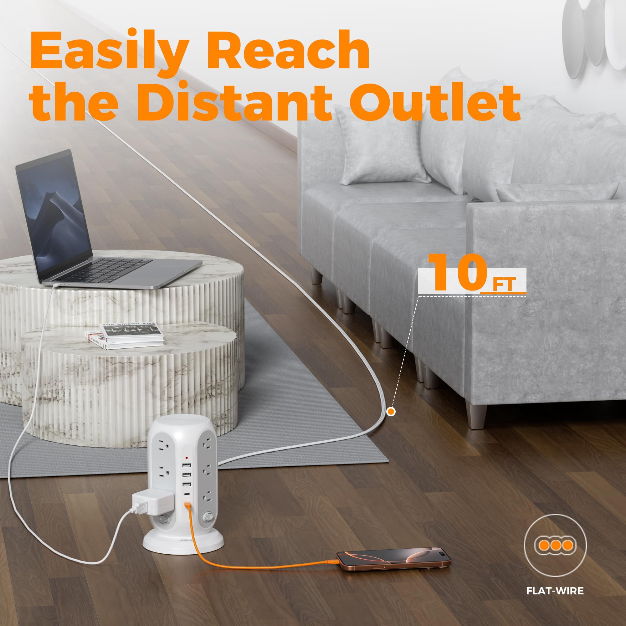 Tower Power Strip With Individual Switches  Surge Protector 12 Outlets 5 Usb Ports(2 C) Flat Extension Cord 10 Ft 1250w Charging Station For Multiple Devices Office Dorm Grey