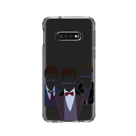 DistinctInk Clear Shockproof Hybrid Case for Samsung Galaxy S10e (5.8" Screen) - TPU Bumper, Acrylic Back, Tempered Glass Screen Protector - Catchphrases of the Doctors