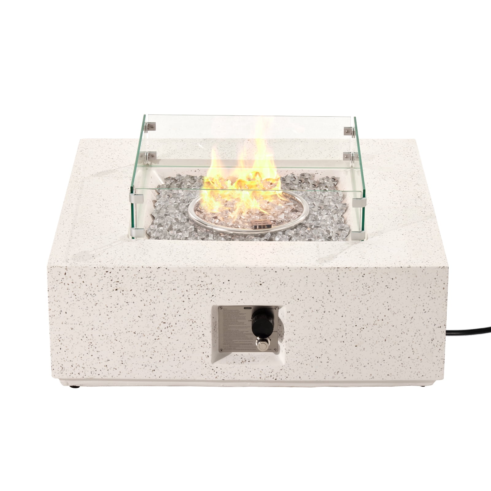 VENTOPYR Outdoor Propane Square Fire Pit Table, Terrazzo White Faux Stone 35-inch Planter Base, 50,000 BTU Stainless Steel Burner, Transparent Gray Fire Glass and Rain Cover, Metal Lid