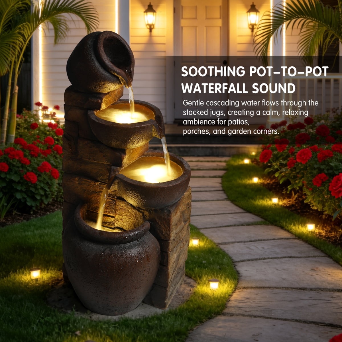 25.6" 4-Tier Pot and Stone Water Fountain with Warm LED Lights, Cascading Outdoor Waterfall Fountain, Weather-Resistant Decor for Patio, Garden & Backyard