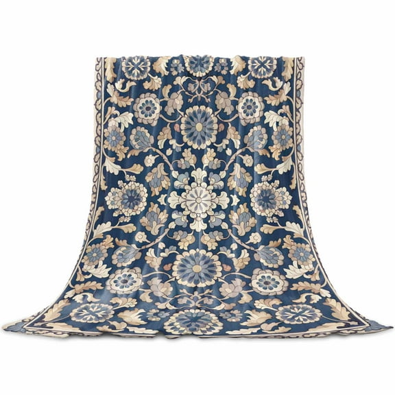 Boho Ethnic Flowers Flannel Blanket for Bed, Farmhouse Traditional Flowers Art Soft Cozy Warm Couch Throw Blanket, Lightweight Fluffy Plush Bedding Blankets for Sofa Decor All Season 40"x50"