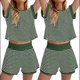 thumbnail image 3 of Conjunto de 2 Piezas de Verano para Mujer, Camiseta de Corta A Rayas y Pantalones Cortos, Conjunto A Juego, Verde Tinta, L, 3 of 6