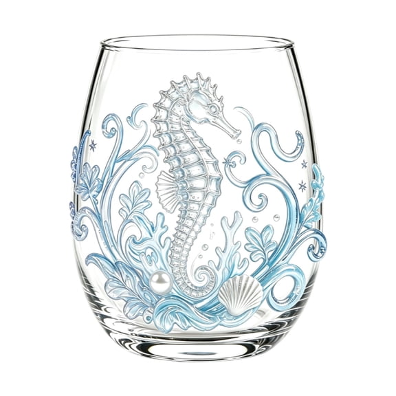 Ocean Marine Animal Printed Egg Shaped Stemless Glass Tumbler, Sea Creature Pattern Clear Drinking Cup, Coastal Nautical Glassware For Water Juice Wine Home Bar Decor