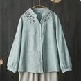 thumbnail image 2 of ShomPort Cotton Linen Shirts for Women Embroidered Button Down Blouses Vintage Round Neck Long Sleeve Tops, 2 of 2