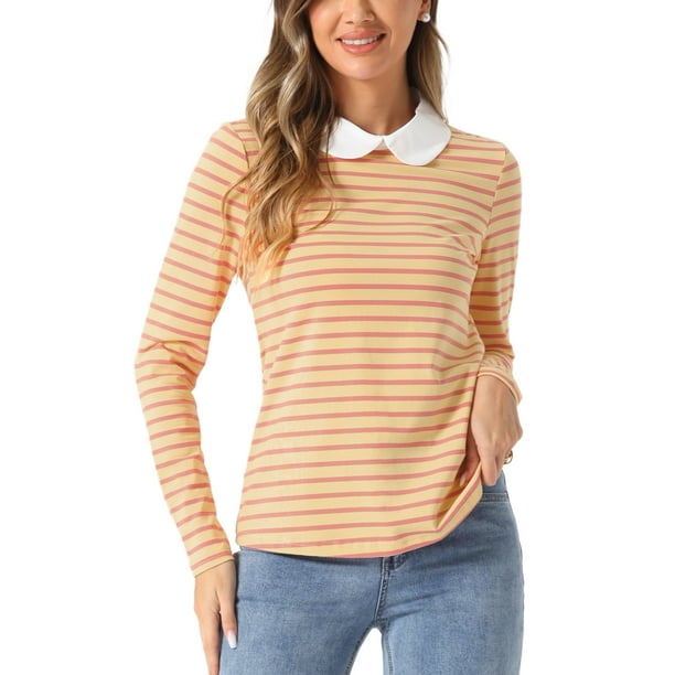 INSPIRAR CHIC Blusa de Manga Larga para Mujer con Cuello de Muñeca y Rayas en Contraste, Cierre Elástico en la Parte Posterior, Talla XS Amarillo Rosa