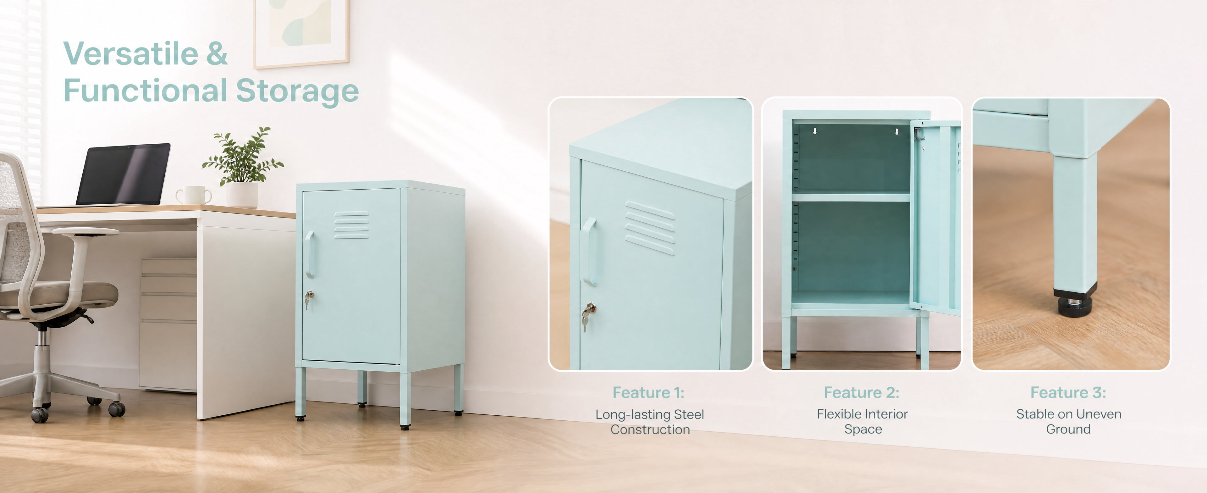 Leumius Small Metal Nightstand with Adjustable Shelf & Lockable Door,Modern Bedside Table End Table Side Cabinet for Bedroom,Living Room,Blue