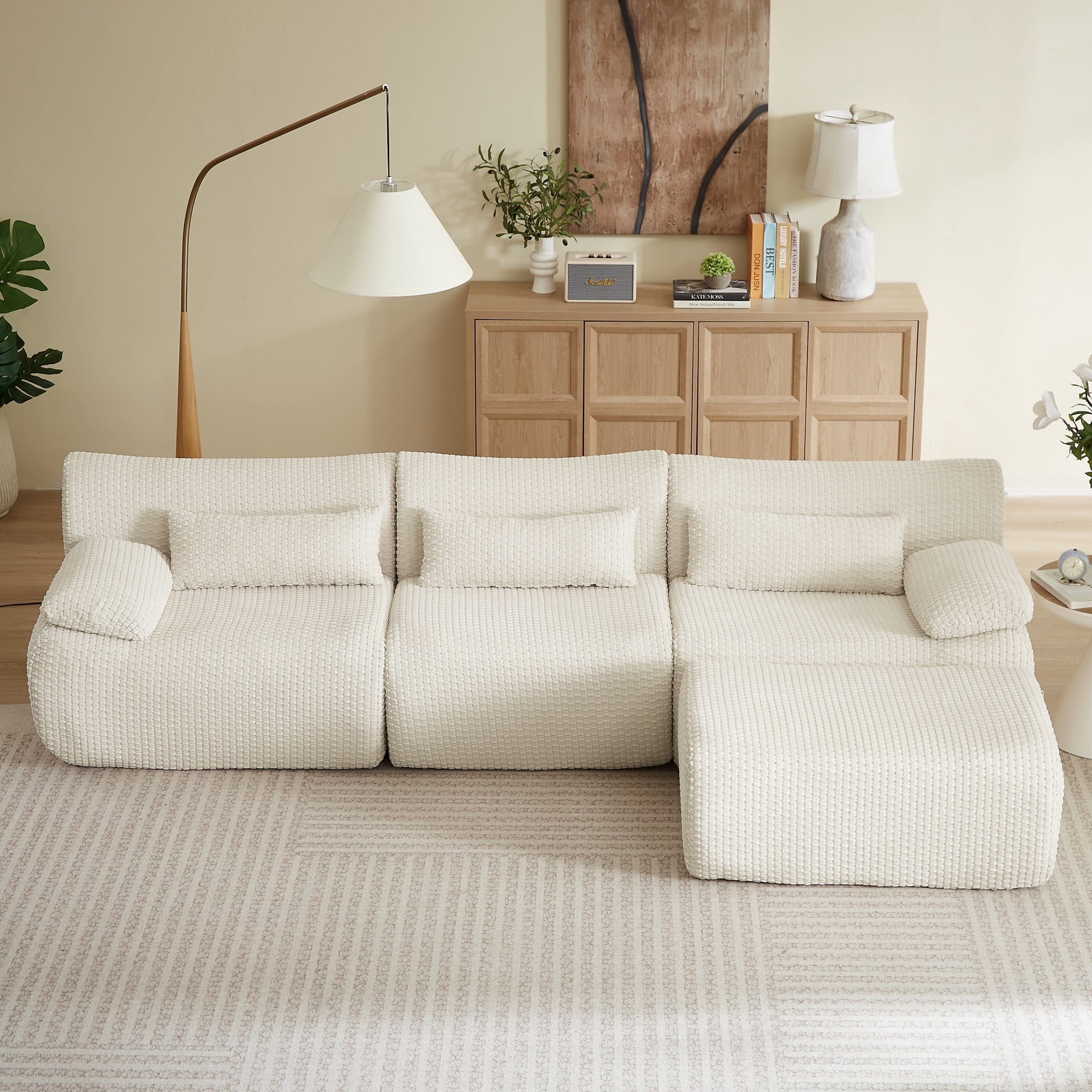 Modern L-Shaped No Assembly Floor 3-Seater Sectional Sofa, Cloud-Like Boneless Upholstered Couch with Ottoman, Living Room Modular Sofa Set