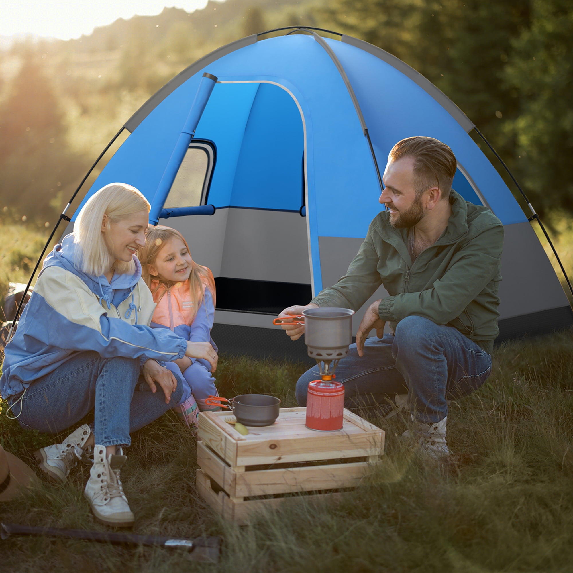 Gymax Camping Tent for 2-3 People Waterproof & Windproof Family Dome Tent w/ Rainfly Blue