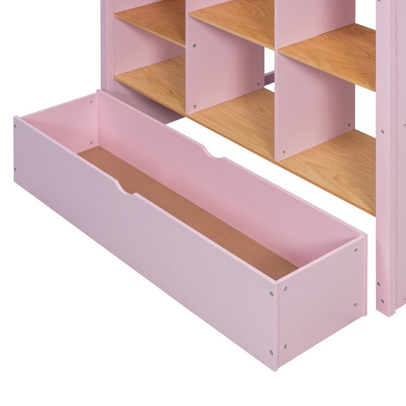 Full Size Kids Loft Bed with Shelves, Wooden High Profile Teens Storage Bed Frame with Ladder and Removable Large Drawer