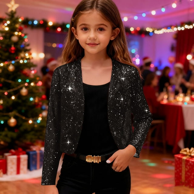 Cowsor Girls Sequin Blazer Open Front Jacket Party Christmas Sparkly Coats